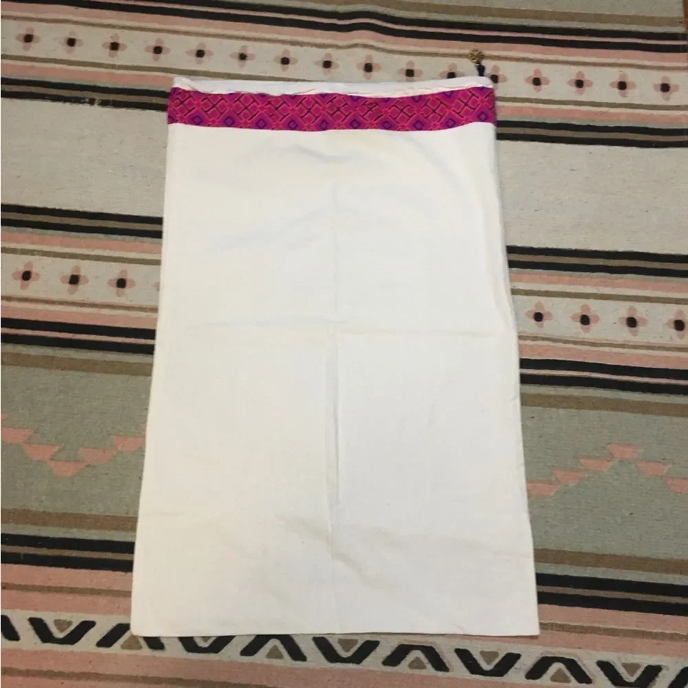 Tory Burch large cream drawstring dustbag pink ribbons trim gold logo charm